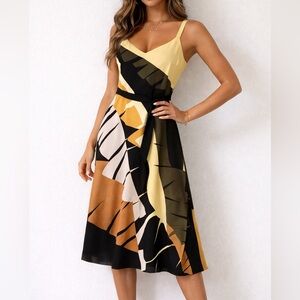 Tropical Midi Dress sleeveless size S Yellow Spring
